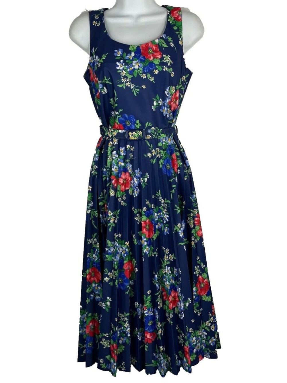 Vintage 70s Blue Floral Midi Dress Size S Fit Flare Sleeveless Belted Pleated